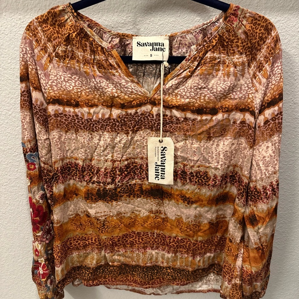 Savanna‎ Jane embroidered long sleeve blouse top size small leopard print nwt